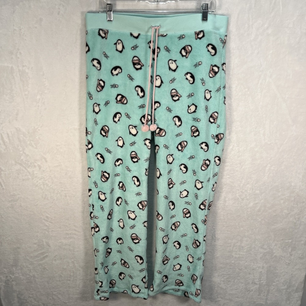 Joe Boxer Plush Sleep Pants Womens Large Blue Penguins Fuzzy Winter Holiday